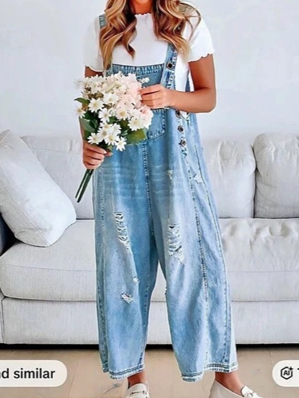 Women's Blue Wide-Leg Overalls, XXL, distressed.